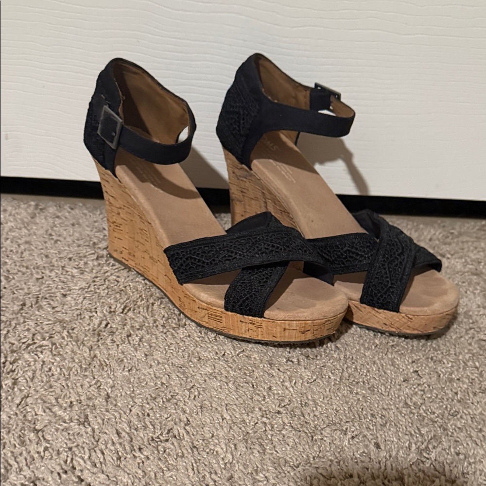 Toms Black Crochet Cork Wedge Sandals with Ankle Strap